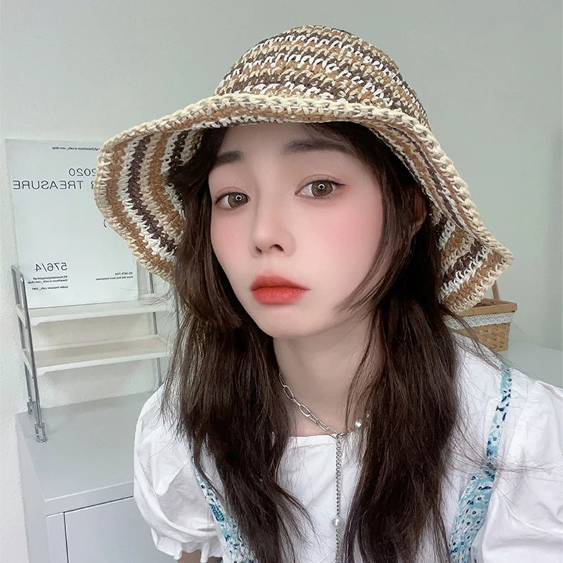 New Women Bohemian Striped Bucket Hats Sunshade Outdoor Breathable Travel Versatile Beach Straw Caps Fashion Personal Niche ins