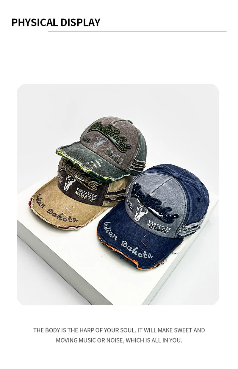 New Unisex Distress Letter embroidery Baseball Hats Breathable Broken Sunshade Personal Peaked Caps Versatile Fashion Retro ins