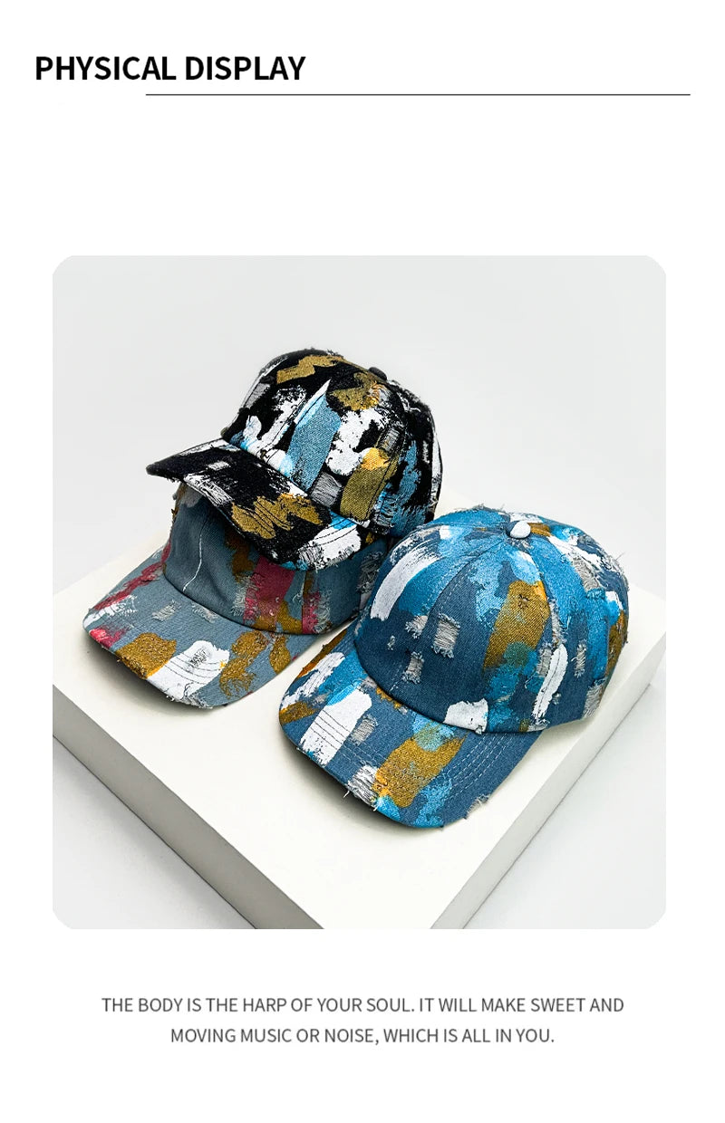 New Unisex Graffiti Color Block Baseball Hats Breathable Distress Sunshade Broken Style Peaked Caps Versatile Fashion Street ins