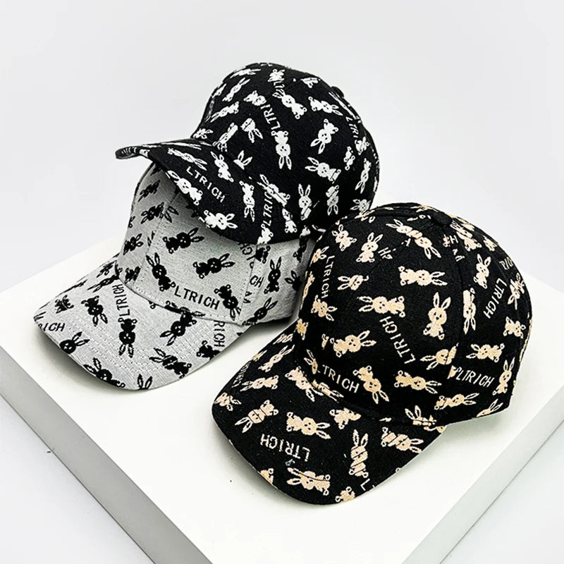 New Unisex Cute Rabbit Print Letter Baseball Hats Breathable British Retro Sunshade Outdoor Peaked Caps Versatile Fashion Casual