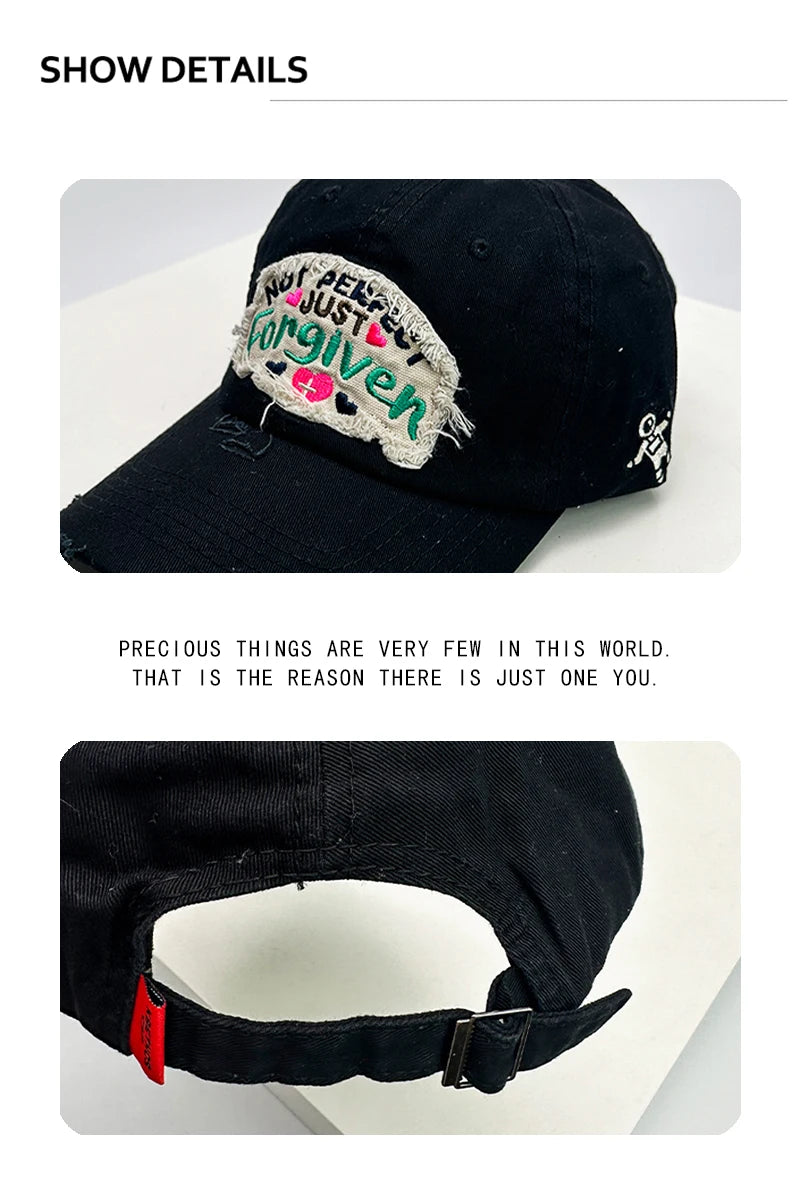 New Unisex Letter PATCH Embroidery Baseball Hats Breathable Distress Sunshade Broken Style Peaked Caps Versatile Fashion Outdoor