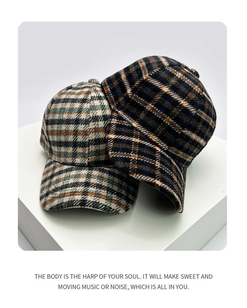 Autumn and Winter New Men Women Warm Woolen Cloth Stripe Check Baseball Caps Versatile Fashion British Style Retro Houndstooth