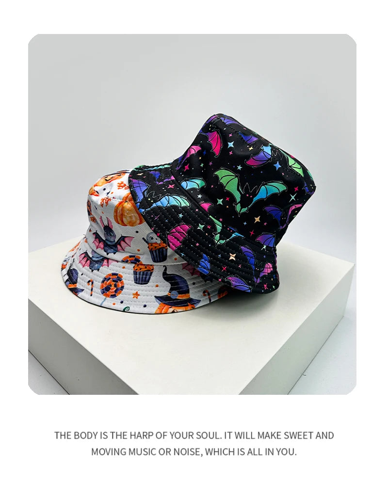 New Unisex Print Halloween Elements Skull Bucket Hats funny Sunshade Fashion Double Sided Wearable Fisherman Caps Versatile ins