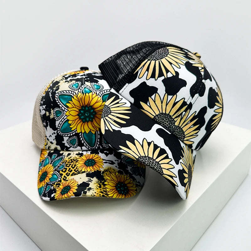 New Women Print Sunflower Color Block Baseball Hats Breathable Criss Cross Ponytail Sunshade Versatile Trucker caps Mesh Fashion