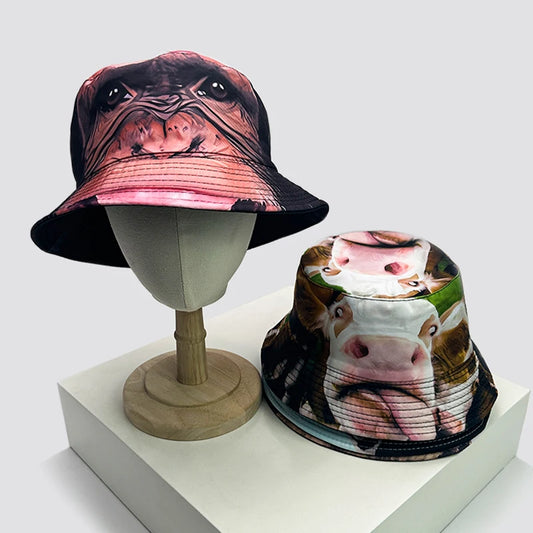 New Unisex Funny Animal Print Cute Bucket Hats Street Sunshade Hip Hop Double Sided Wearable Versatile Fashion Casual Outdoor