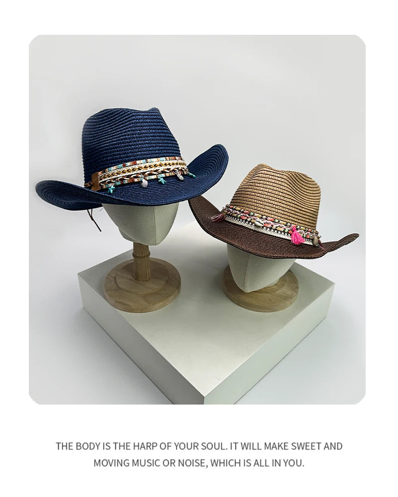 New Unisex Bohemian Style Beach Cowboy Hats Travel Personal Sunshade Distress Outdoor Ethnic Style Straw Caps Versatile Foldable