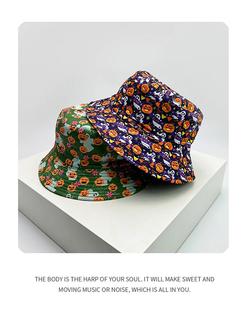 New Unisex Halloween Elements Graffiti Pumpkin Bucket Hats Sunshade Double Sided Wearable Versatile Fisherman Caps Fashion Funny