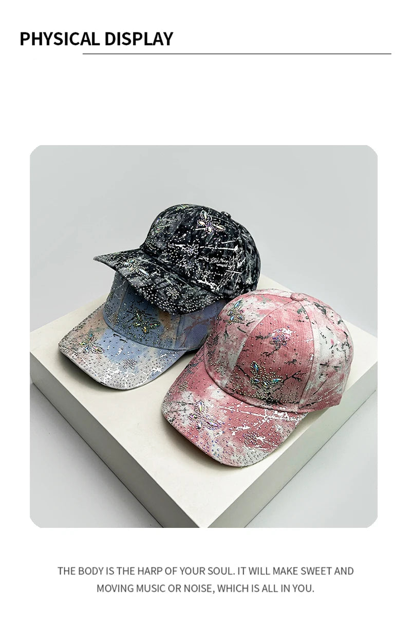 New Women Sparkling Diamond Butterfly Baseball Hats Breathable Bandhnu Sunshade Casual Peaked Caps Versatile Fashion Outdoor ins