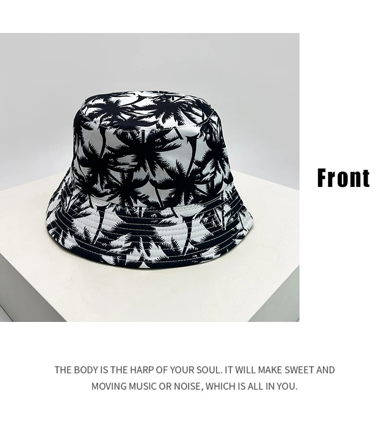 New Unisex Print Coconut Tree Bucket Hats Retro Sunshade Double Sided Wearable Fashion Fisherman Caps Versatile Casual Travel