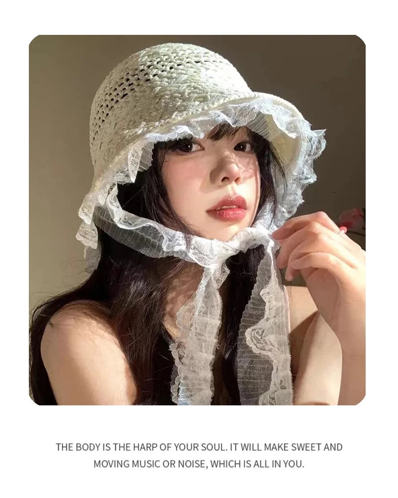 New Women French Lace Hollow Out Bucket Hats Sunshade Beach Breathable Outdoor Versatile Travel Fisherman Caps Fashion Elegant