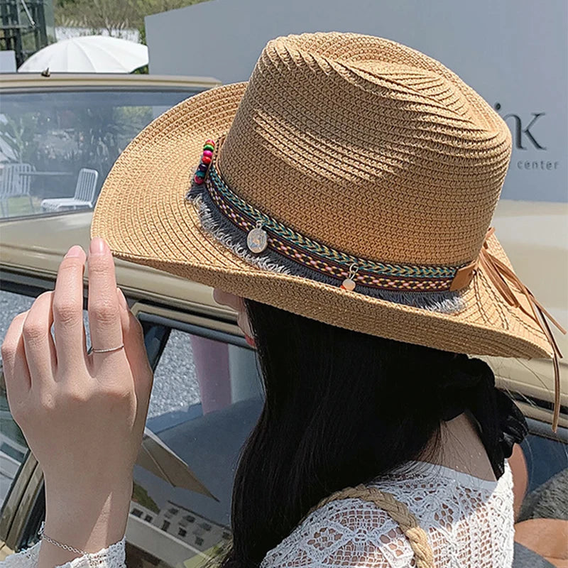 New Unisex Bohemian Style Beach Cowboy Hats Travel Personal Sunshade Distress Outdoor Ethnic Style Straw Caps Versatile Foldable