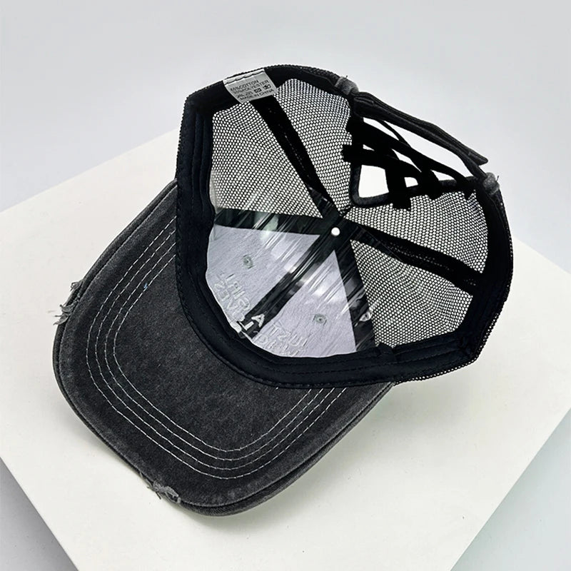 New Women American Vintage Letter Embroidery Baseball Hats Criss Cross Ponytail Breathable Sunshade Broken Trucker cap Versatile