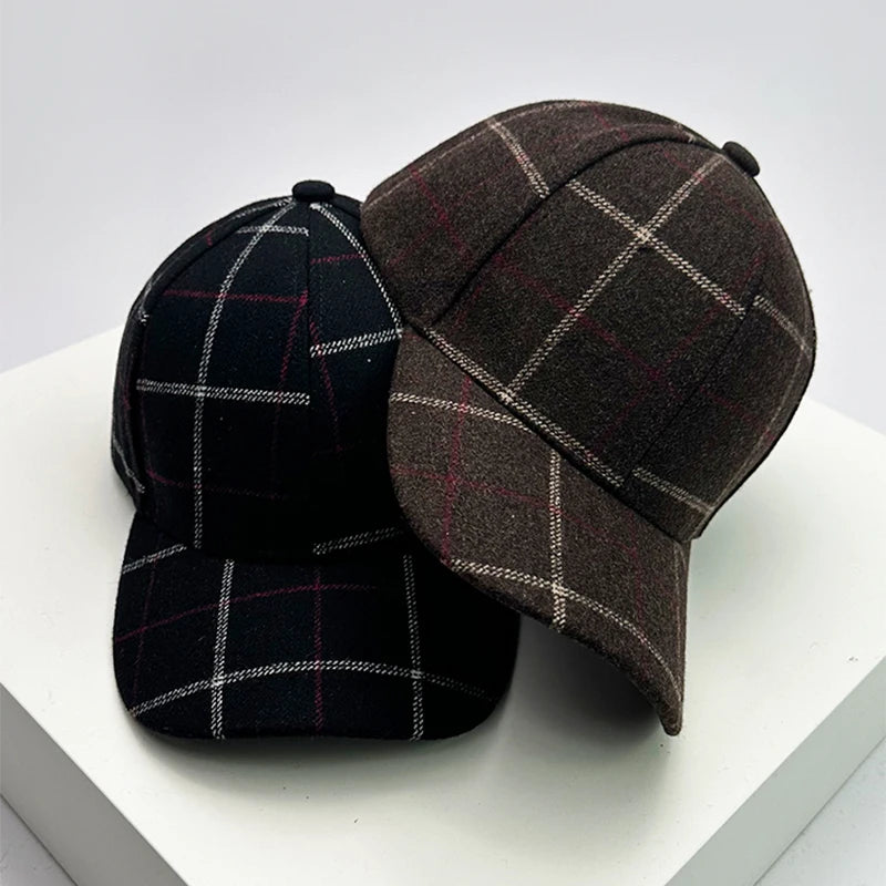 Autumn and Winter New Men Women Versatile Color Block Woolen Cloth Baseball Caps Cotton Fashion Casual  British Style Check Warm