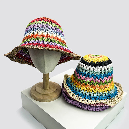 New Women Dopamine Rainbow Bucket Hats Travel Sunshade Outdoor Breathable Cute Versatile Beach Straw Caps Fashion Sweet Foldable