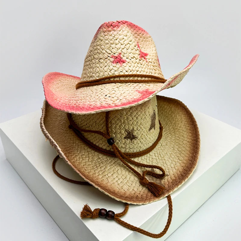 New Women Star Millennium Spicy Cowboy Hats Gradient Outdoor Breathable Sunshade Travel Straw Caps Versatile American Vintage