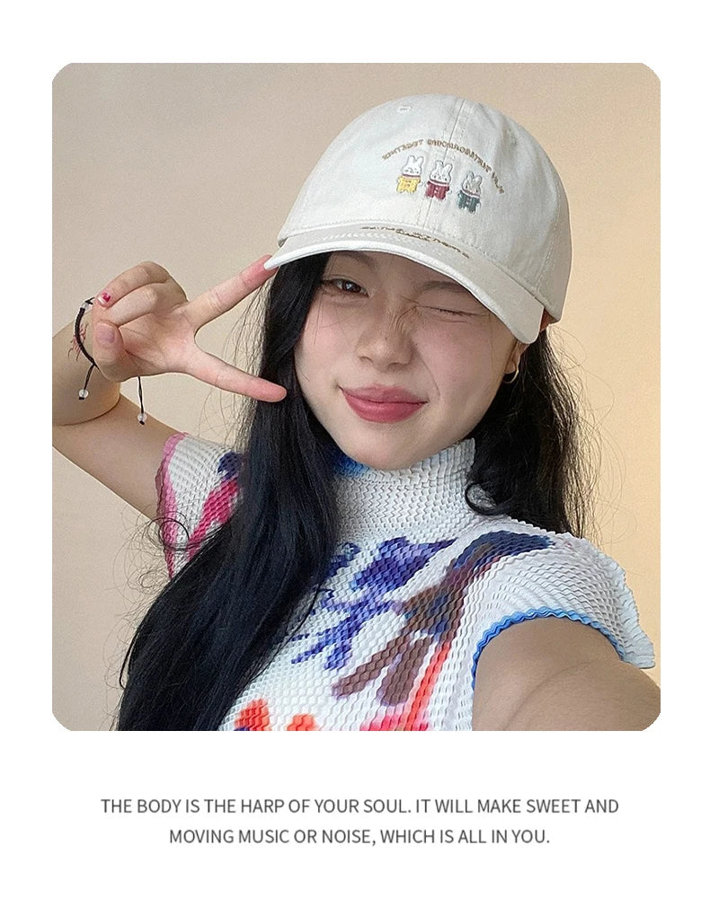 New Women Japanese Rabbit Embroidery Baseball Hats Cute Breathable Cartoon Sunshade Casual Peaked Caps Versatile Fashion Korean