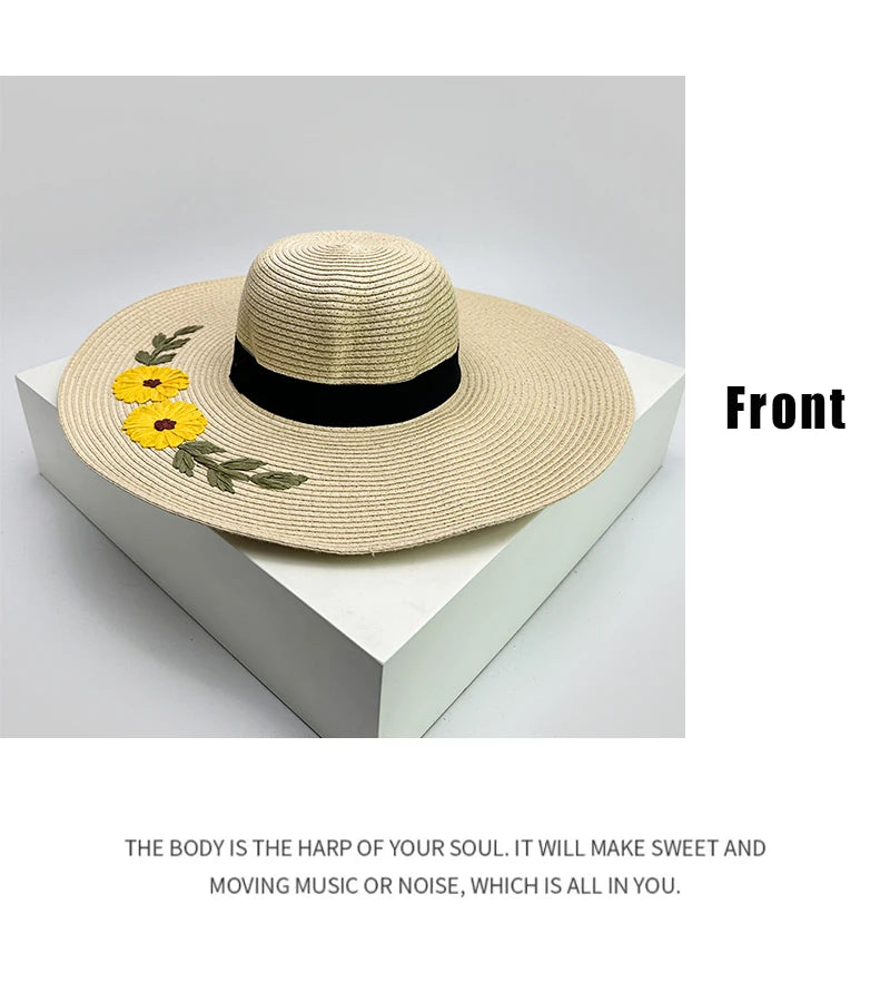 New Women Chrysanthemum Bow Cowboy Hats Beach Outdoor Jazz Sunshade Foldable Travel Straw Caps Versatile Color Block Elegant ins