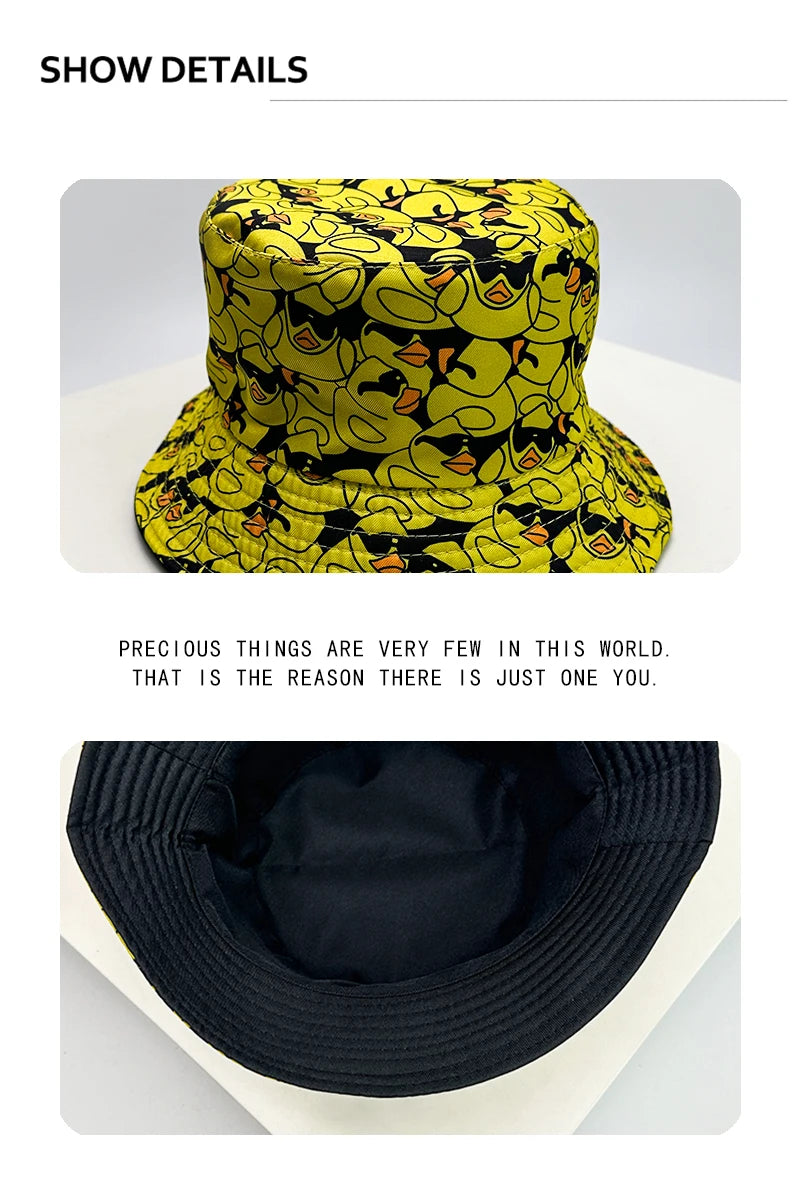 New Unisex Print Yellow Duck Bucket Hats Sunshade Double Sided Wearable Fashion Cute Casual Fisherman Caps Versatile Cartoon ins