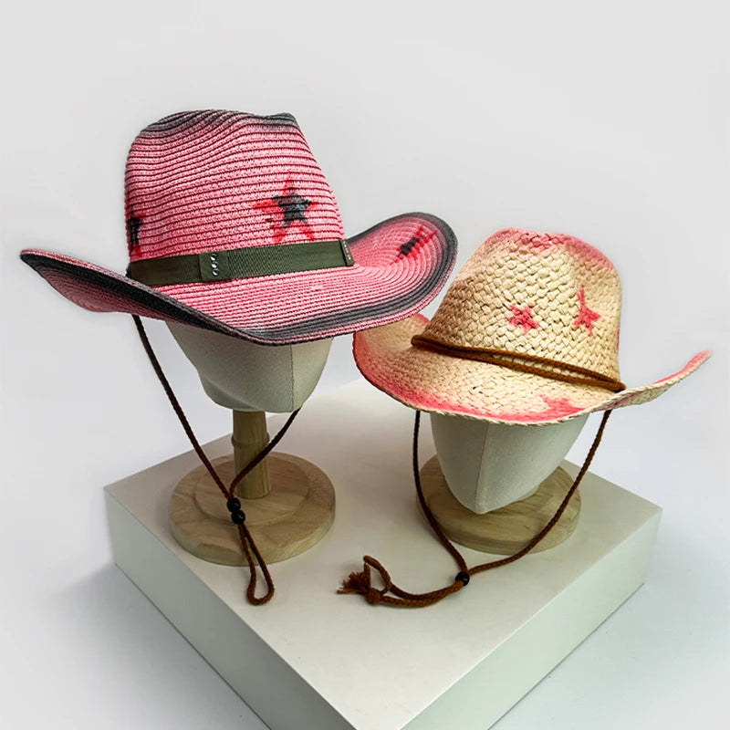 New Women Star Millennium Spicy Cowboy Hats Gradient Outdoor Breathable Sunshade Travel Straw Caps Versatile American Vintage