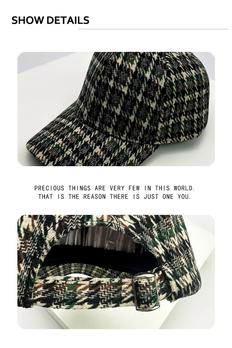 Autumn and Winter New Men Women Warm Woolen Cloth Stripe Check Baseball Caps Versatile Fashion British Style Retro Houndstooth