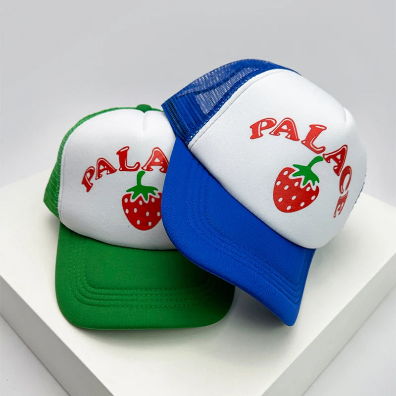 New Men Women Pattern Strawberry Letter Half Mesh Caps Sunshade Breathable Baseball Hats Versatile Fashion Hip Hop Street ins