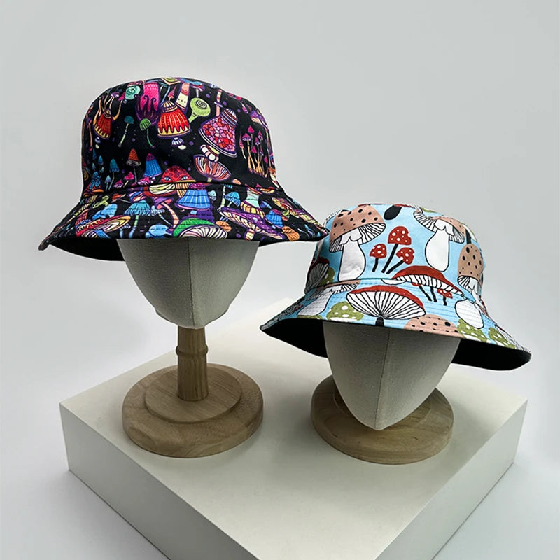 New Unisex Graffiti Colored Mushrooms Bucket Hats Double Sided Wearable Sunshade Personal Versatile Fisherman Caps Fashion Retro