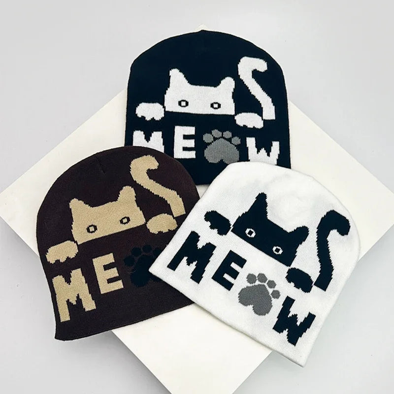 Autumn and Winter New Cartoon Cat Wool Knitted Hats Warm Color Block Hip Hop Versatile Beanies Personal Casual Fashion European