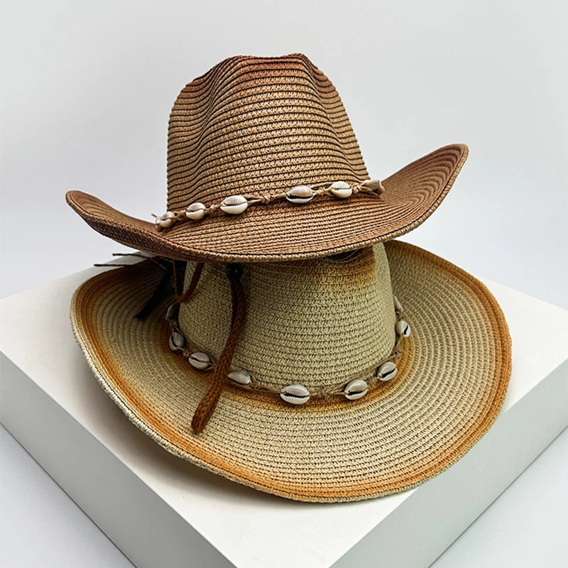 New Unisex Gradient Retro Cowboy Hats Jazz Hollow Out Outdoor Travel Shell Beach Sunshade Straw Wove Caps Versatile Foldable ins