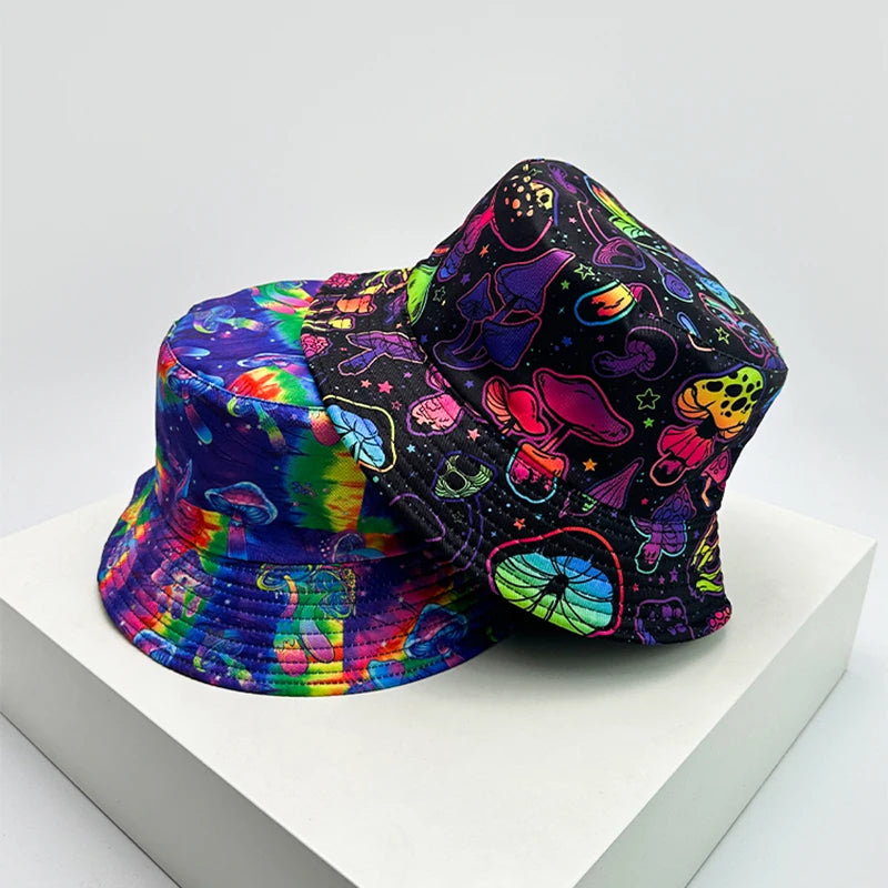 New Unisex Graffiti Colored Mushrooms Bucket Hats Double Sided Wearable Sunshade Personal Versatile Fisherman Caps Fashion Retro