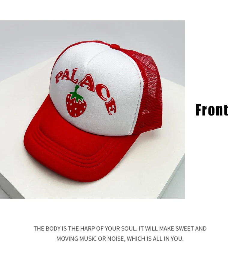 New Men Women Pattern Strawberry Letter Half Mesh Caps Sunshade Breathable Baseball Hats Versatile Fashion Hip Hop Street ins