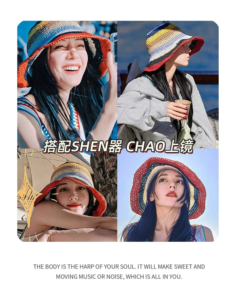 New Women Contrasting Colors Striped Bucket Hats Outdoor Sunshade Travel Breathable Casual Versatile Straw Caps Fashion Braided