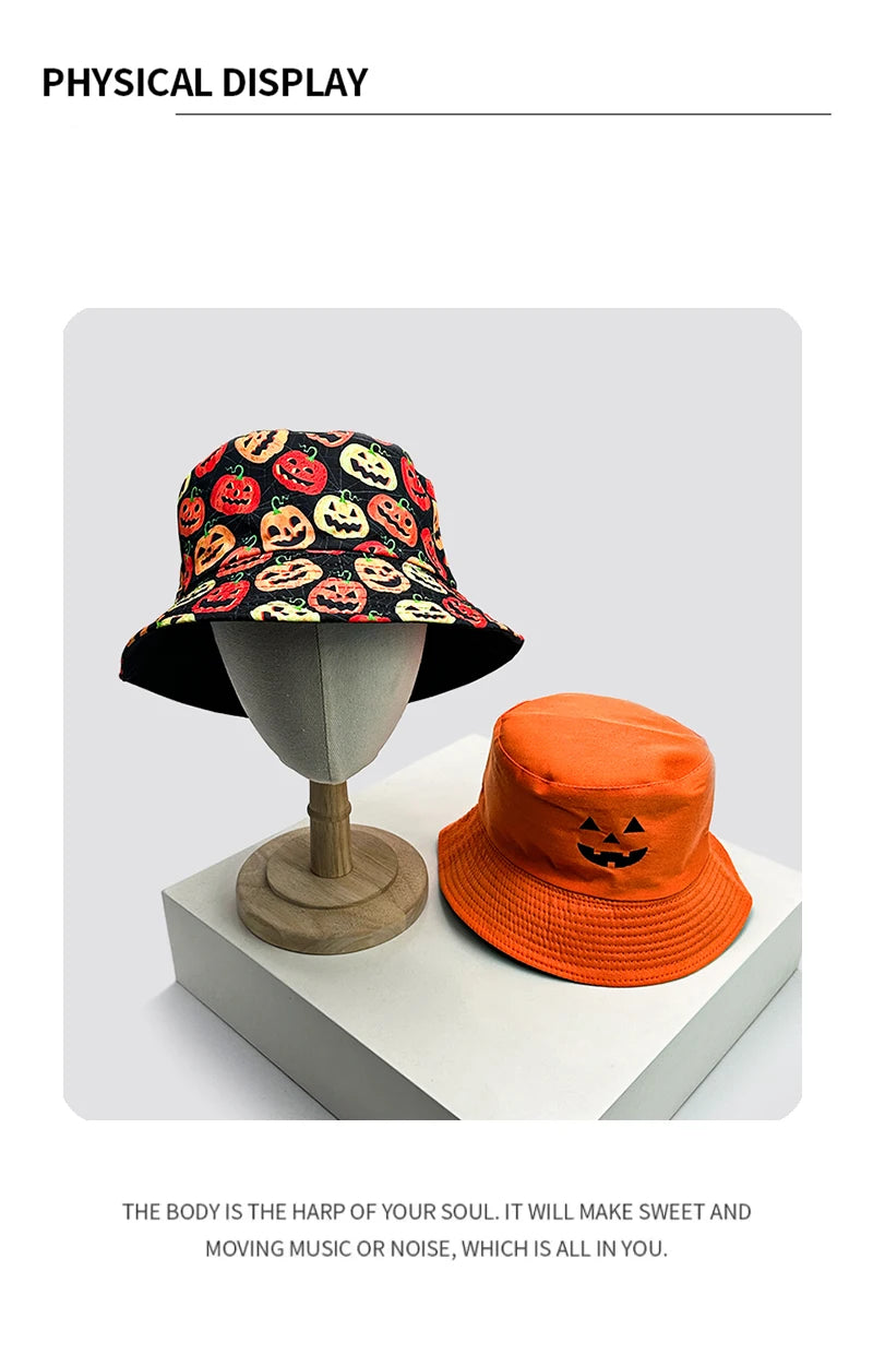 New Unisex Halloween Elements Graffiti Pumpkin Bucket Hats Sunshade Double Sided Wearable Versatile Fisherman Caps Fashion Funny