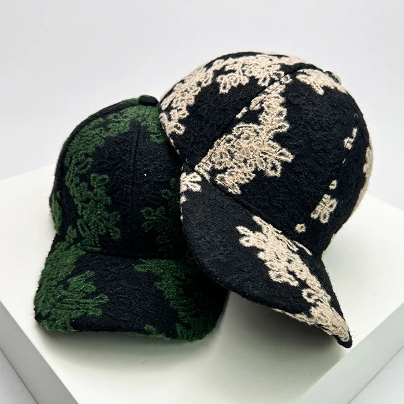 Autumn and Winter New Color Blocking Check Flower Embroidery Baseball Hats Warm Men Women Fashion Versatile Snapback Caps Retro