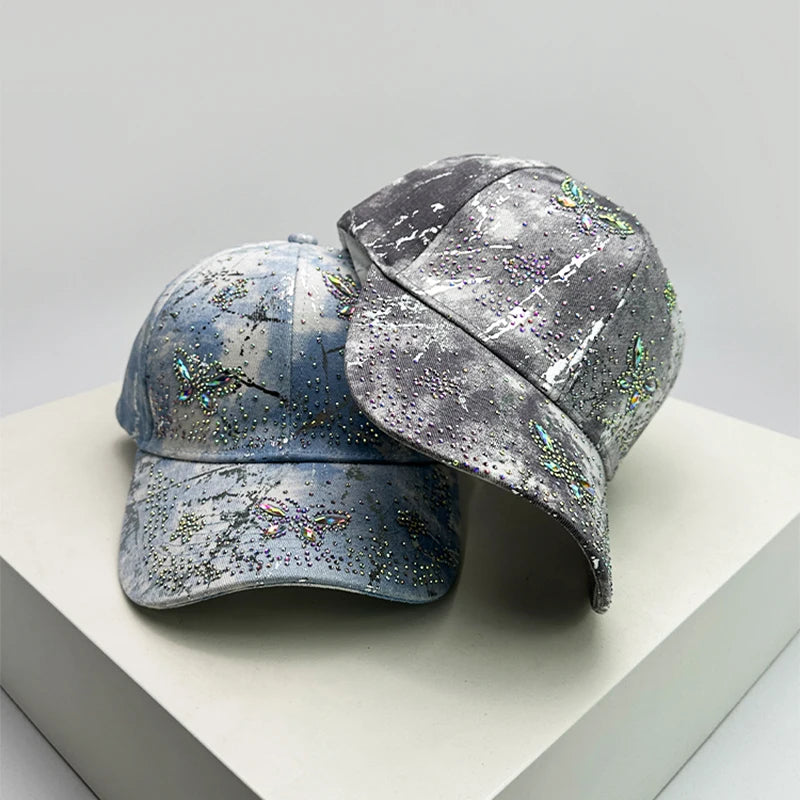 New Women Sparkling Diamond Butterfly Baseball Hats Breathable Bandhnu Sunshade Casual Peaked Caps Versatile Fashion Outdoor ins