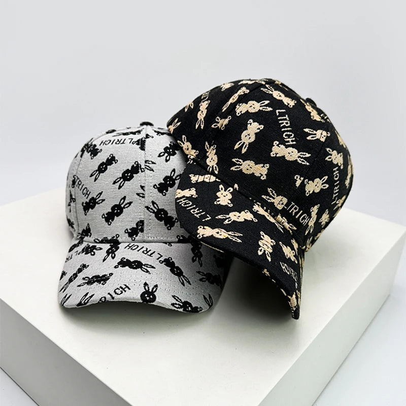 New Unisex Cute Rabbit Print Letter Baseball Hats Breathable British Retro Sunshade Outdoor Peaked Caps Versatile Fashion Casual