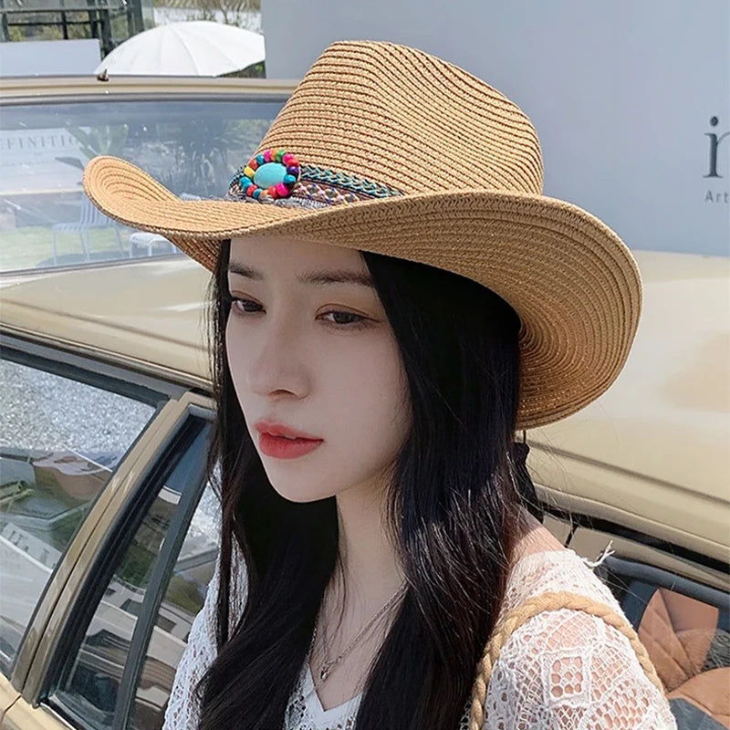 New Unisex Bohemian Style Beach Cowboy Hats Travel Personal Sunshade Distress Outdoor Ethnic Style Straw Caps Versatile Foldable