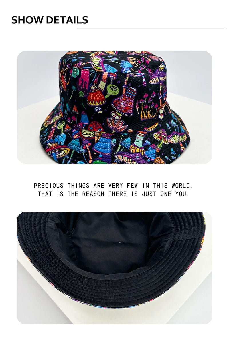 New Unisex Graffiti Colored Mushrooms Bucket Hats Double Sided Wearable Sunshade Personal Versatile Fisherman Caps Fashion Retro