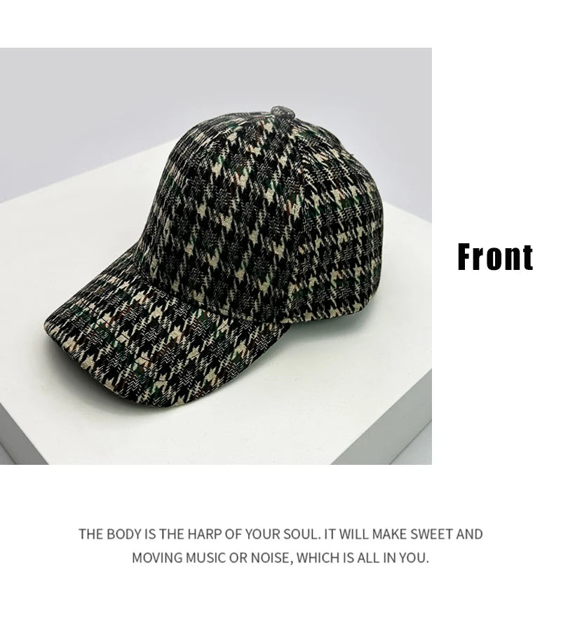 Autumn and Winter New Men Women Warm Woolen Cloth Stripe Check Baseball Caps Versatile Fashion British Style Retro Houndstooth