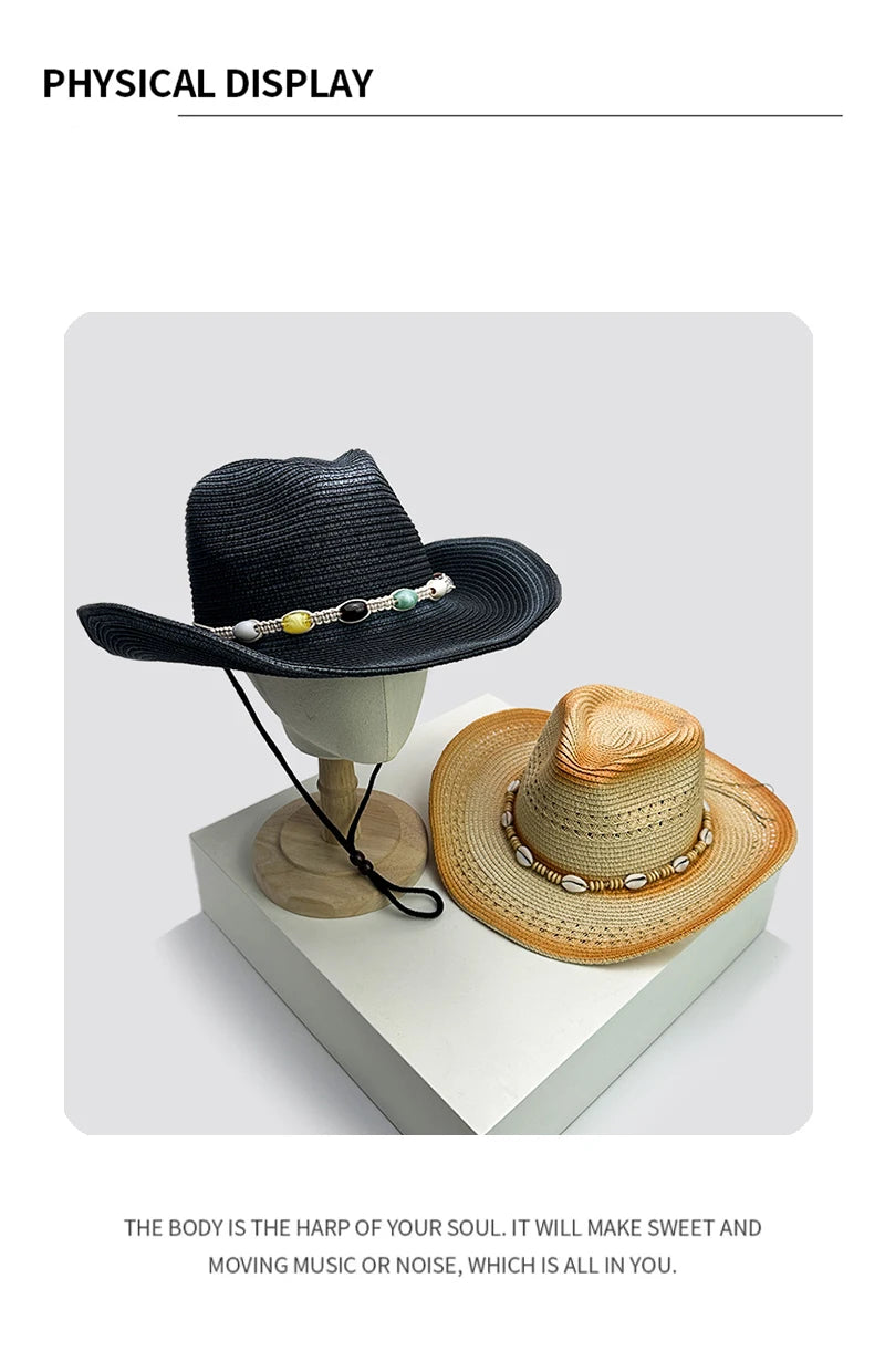 New Unisex Gradient Retro Cowboy Hats Jazz Hollow Out Outdoor Travel Shell Beach Sunshade Straw Wove Caps Versatile Foldable ins