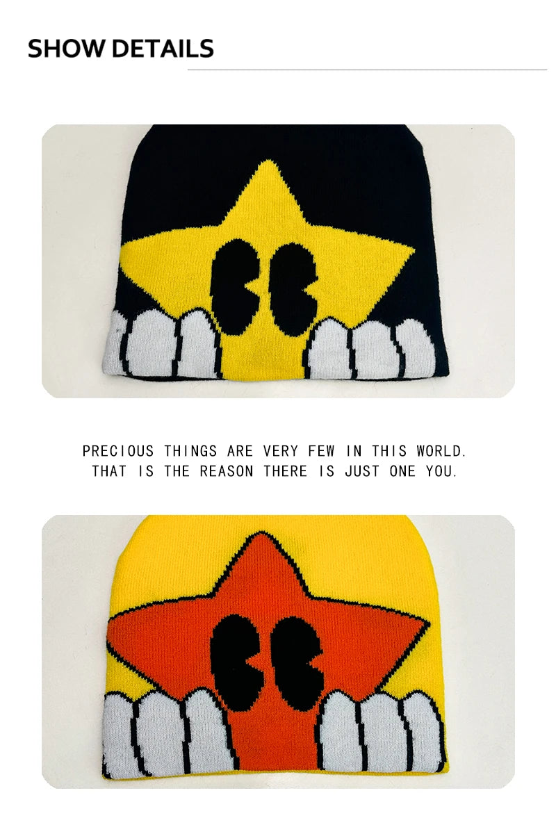 Autumn and Winter New Cartoon Five-pointed Star Knitted Hats Hip Hop Warm Color Block Versatile Beanies Personal Fashion Street