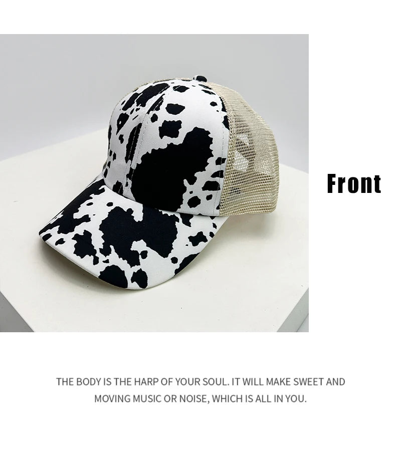 New Women Print Cow Leopard Baseball Hats Mesh Breathable Criss Cross Ponytail Sunshade Versatile Trucker caps Fashion Outdoor