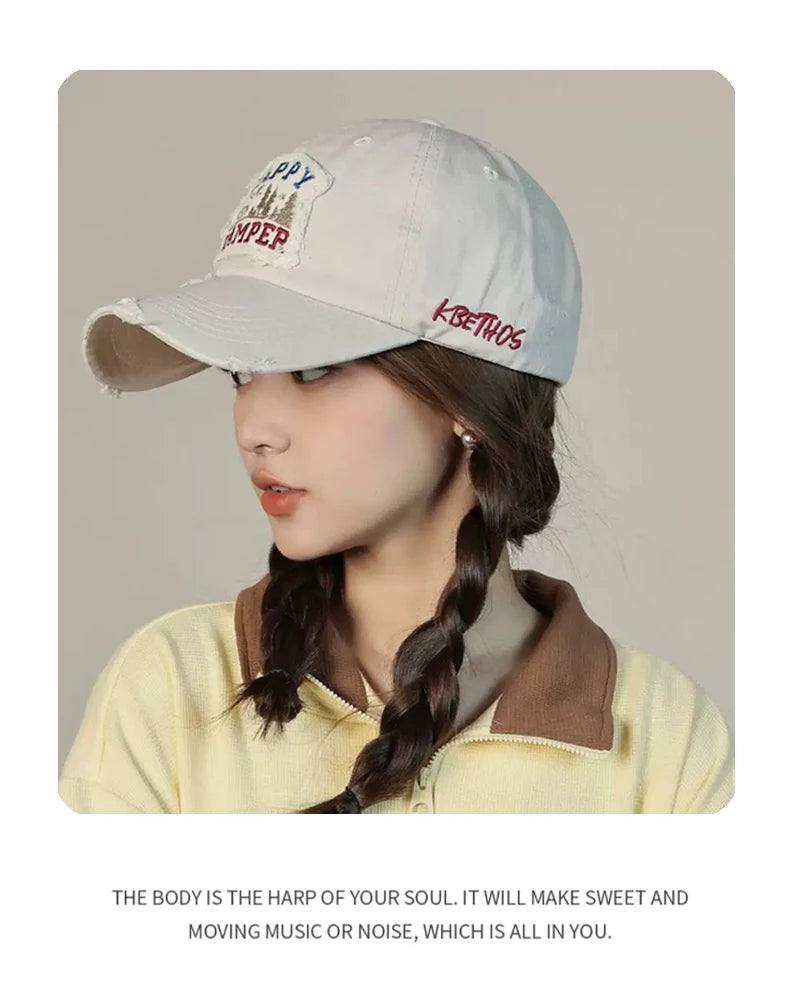 New Unisex Broken Style Letter Embroidery Baseball Hats Breathable Distress Sunshade Korean Peaked Caps Versatile Fashion Retro