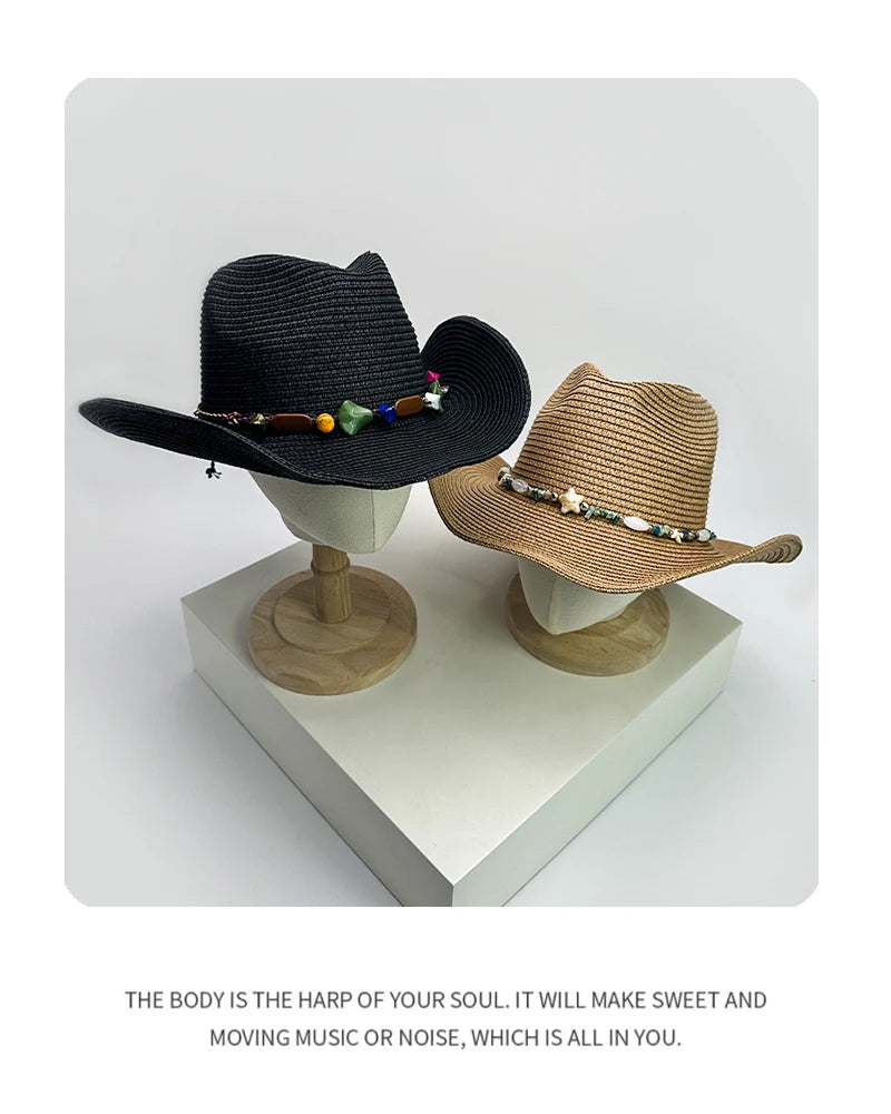 New Unisex Wide Eave Jazz Cowboy Hats Travel Sunshade British Style Versatile Casual Outdoor Straw Wove Cap Climb Foldable Beach