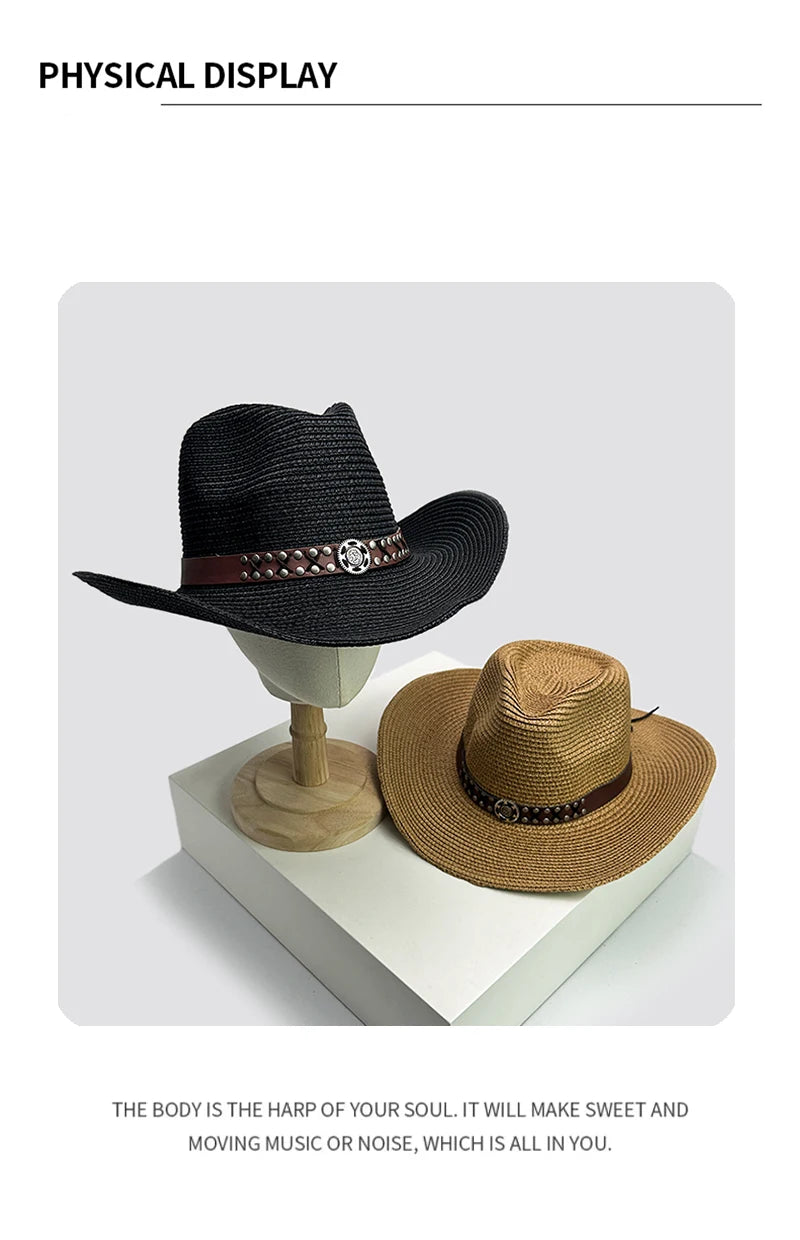 New Unisex Rivet Belt Personal Cowboy Hats Beach Outdoor Travel Sunshade Foldable Straw Caps Versatile British Retro Climb ins