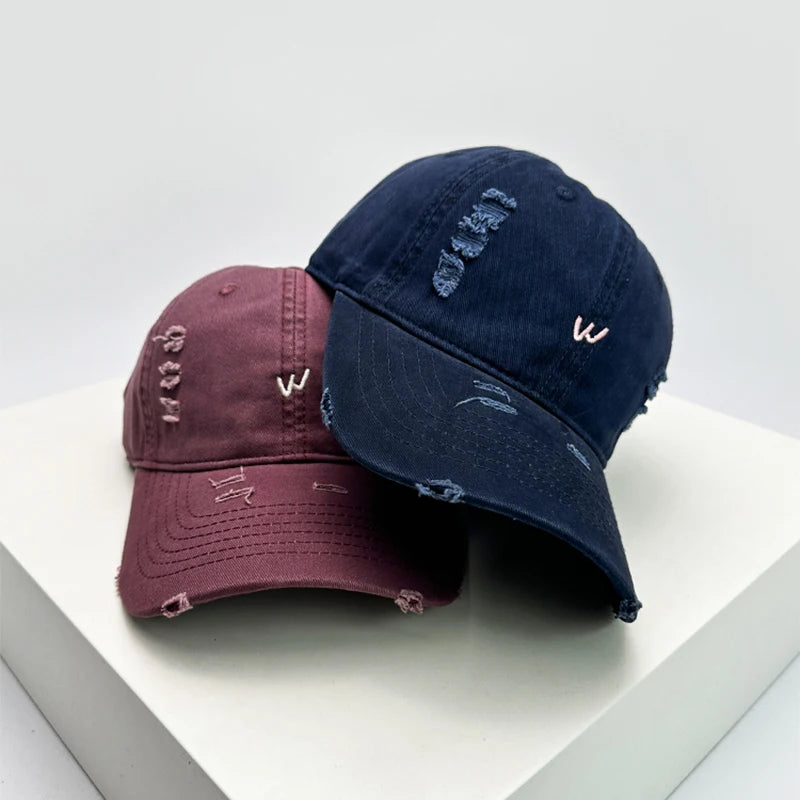 New Unisex Embroidered W Letters Solid Baseball Hats Breathable Broken Sunshade Simple Peaked Caps Versatile Casual Fashion ins