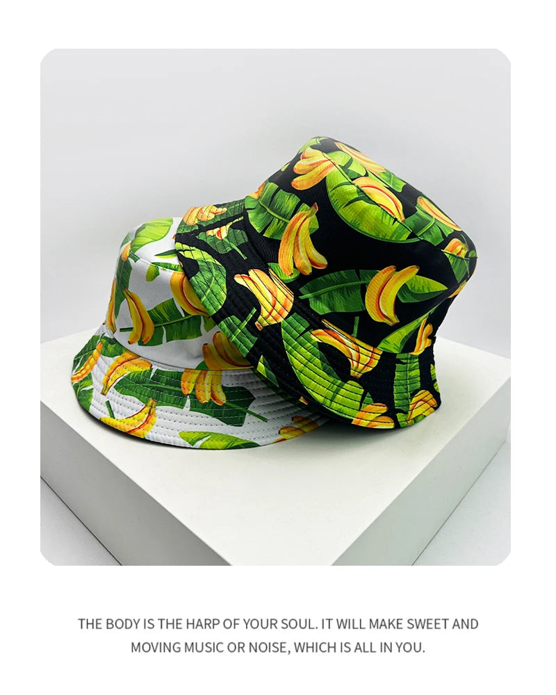 New Unisex Fruits Vegetables Print Bucket Hats Sunshade Versatile European American Fashion Double Sided Wearable Fisherman Caps