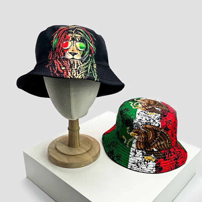 New Unisex Print Lion Graffiti Bucket Hats Sunshade Personal Versatile Double Sided Wearable Fisherman Caps Fashion Hip-Hop ins