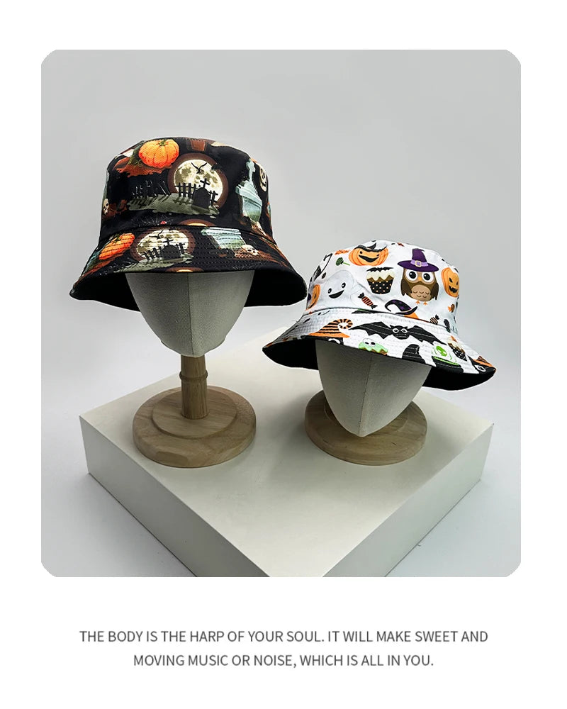 New Unisex Print Halloween Elements Skull Bucket Hats funny Sunshade Fashion Double Sided Wearable Fisherman Caps Versatile ins