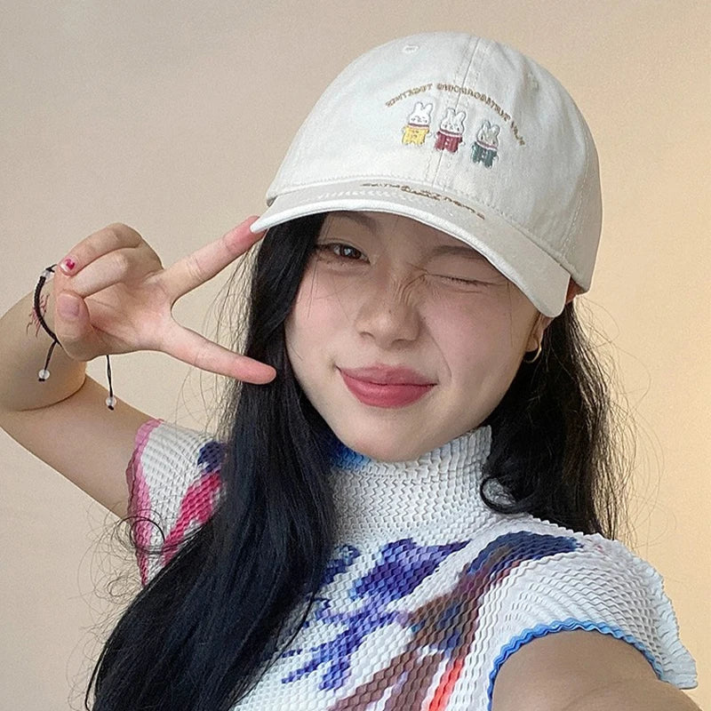 New Women Japanese Rabbit Embroidery Baseball Hats Cute Breathable Cartoon Sunshade Casual Peaked Caps Versatile Fashion Korean