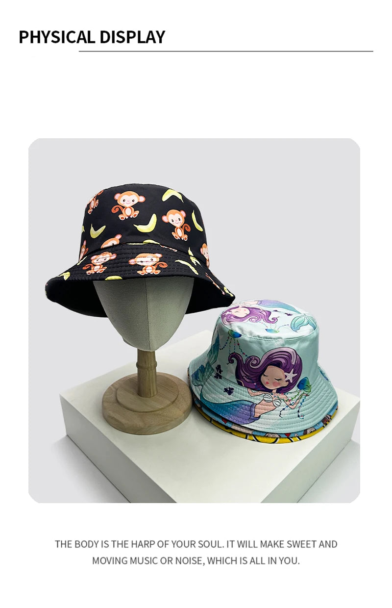 New Unisex Cute Cartoon Animal Print Bucket Hats Sunshade  Versatile Outdoor Fashion Double Sided Wearable Fisherman Caps Travel